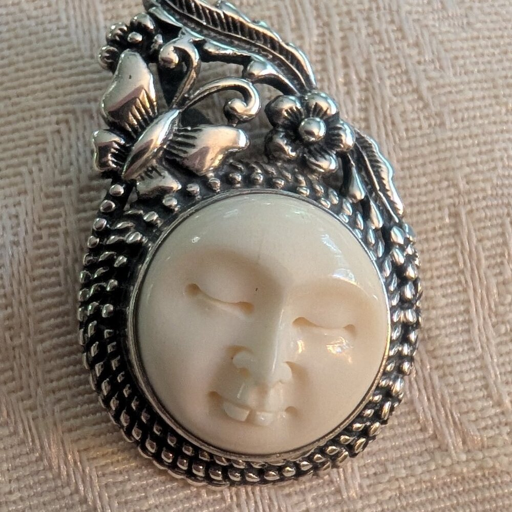 Indonesian Bali Sterling Silver Goddess Moon Carved Pendant